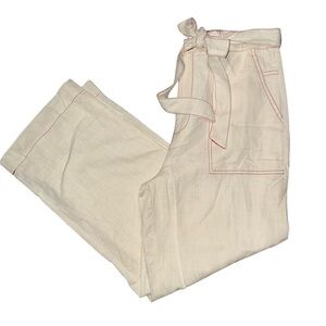 J.O.A. Wide Leg Linen Pants Size M Belted Trouser Cream with Red Stitching NWT